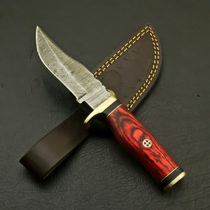 Couteau à lame fixe en acier Damas personnalisé, manche en bois Pakka rouge, couteau de chasse Bowie, outil de dépecage pour l'extérieur - Product Image 3