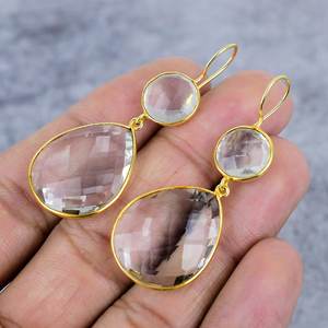 Topacio blanco redondo y forma de pera piedra preciosa 925 plata esterlina chapada en oro adjuntar pendientes de alambre pendientes de aniversario regalos para ella - Product Image 3