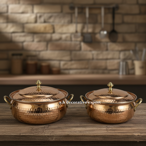 Ensemble de 2 casseroles en cuivre martelé écologique de qualité supérieure – Service alimentaire sûr avec couvercle à poignée en laiton – Vaisselle de luxe en métal - Product Image 6