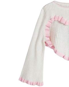 Manufacturer Custom White <b>Pink</b> Knit Crop Sweater Women <b>Heart</b> Shape Ruffle Design Long Flare Sleeve Cute Korean Style Fashion <b>Top</b> - Product Image 5