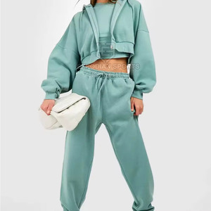 Oem Service Women Winter Solid Casual <b>Cropped</b> <b>Zip</b> <b>up</b> Jogger Set Customizable 100% Cotton Lightweight - Product Image 4