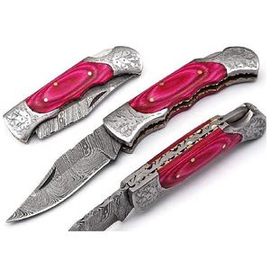 Couteau pliant en acier Damas fait main avec gaine en cuir fin couteau de poche de camping couteaux à manche en bois - Product Image 1