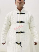 Traje vikingo blanco Gambeson Medieval ropa renacentista Gambeson traje acolchado grueso con cuero negro recortado Gambeson