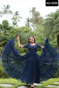 Indian Ethnic Wear Faux Blooming with Embroidery Zari Sequins Work Anarkali Readymade Gowns with Plus Size Available for Women - Product Image 6