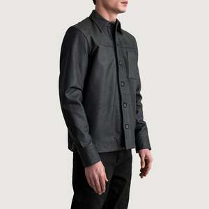 <b>Men's</b> Semi-Aniline Tumbled <b>Black</b> Sheepskin Leather Turn-down Collar Chest Pocket Shacket - Product Image 2