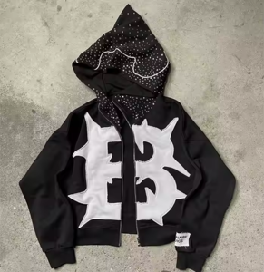 2025 Custom <b>Men</b> Winter Embroidered Cotton Blended 420 500 600 Gsm Heavyweight <b>Cropped</b> Graphic Oversized Boxy Rhinestone Hoodie - Product Image 6