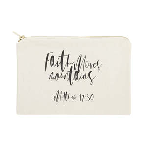 Sac à cosmétiques portable en toile de coton avec citation « Faith Moves Mountains » et motif de lettres inspiré de Matthieu 17:30 - Product Image 1