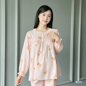 B673 motif ours lin imprimé ensemble de vêtements de maternité doux et absorbant la sueur anti-rétrécissement prix de gros bon choix - Product Image 3