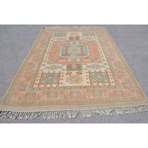 Alfombra Kilim Turca Vintage Ecológica Exclusiva de Alibaba, 6' X 9.5', Diseño de Retazos Azul Naranja Intenso, Lana de Pelo Medio, Látex - Product Image 1