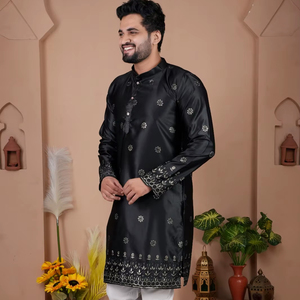 Treany Malai Silk Mens Ropa festiva Kurta con Secuencia de bordado Trabajo para adultos - Product Image 1