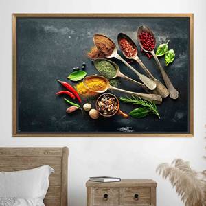 Art mural en verre aux motifs d'épices modernes : Toile imprimée élégante pour la décoration de cuisine, toile encadrée dorée - Product Image 1