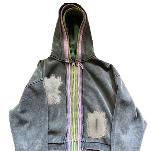 <b>Men's</b> Heavyweight Acid <b>Wash</b> Hoodie Custom Street Style Triple Zip Layer 100% Cotton Digital Printing Solid High Quality Winter - Product Image 1