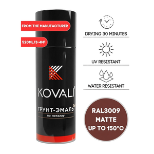 KOVALI 3 en 1 Aerosol en Spray, Imprimación, Esmalte, Protección Anticorrosión para Metal, Madera, Hormigón, Rojo Óxido Mate RAL 3009, 520ml - Product Image 1