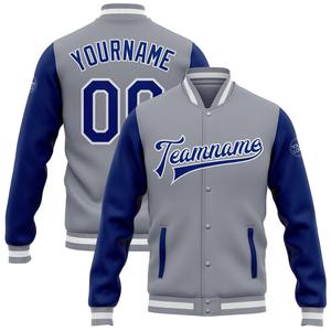 Vente en gros dans l'industrie directe de bombardiers décontractés d'hiver personnalisés, gris, blanc royal, veste bicolore Varsity Letterman - Product Image 1