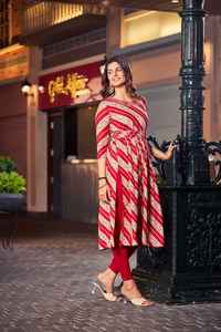 Latest Heavy Rayon FOIL Prints Naira <b>Suit</b> Belt and Neck Embroidered Work Kurtis Collection - Product Image 4