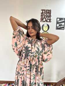 Robe midi bohème en coton tissé pour femmes, décontractée, estivale, à imprimé floral, imprimée à la main, lavable - Product Image 4