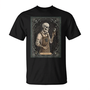 T-Shirt Gotica di Halloween con Scheletro e Barbiere, Carta dei Tarocchi per Uomo, Abbigliamento Promozionale - Product Image 2