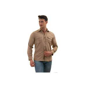 Chemise cintrée beige en coton style western à deux poches en daim - Product Image 3