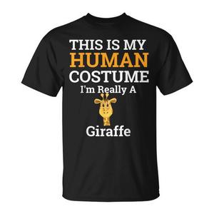 C'est mon costume humain, je suis vraiment une girafe, t-shirt d'Halloween pour adulte unisexe à manches courtes et col rond, impression sérigraphique - Product Image 1
