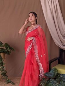 Pure <b>Organza</b> <b>Silk</b> Saree with Handwork and Machine Work Ladies Cutwork Border and Multi-Thread Sequence for Weddings Parties - Product Image 6