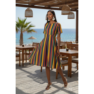 Vestido Ajustado y Evase con Rayas de Arcoíris, Diseño Original, 100% Algodón, Tallas Grandes, Formal, con Volantes, Tirantes Finos, XS-6XL, Ideal para el Trabajo - Product Image 4
