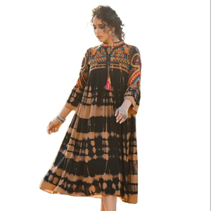 ชุดแม็กซี่เดรสปักลายมัดย้อมแขนสามส่วนสไตล์โบฮีเมียนปักลายแฟชั่นสไตล์โบฮีเมียน - Product Image 1