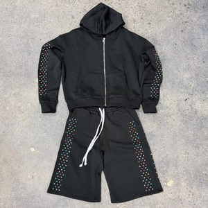 Conjunto de Sudadera con Capucha y Pantalones Cortos de Felpa Francesa con Cremallera, Diseño de Pedrería, 500 g/m², 100 % Algodón, Conjunto Deportivo - Product Image 2