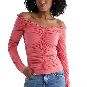 Camisa Casual de Hombro Descubierto para Mujer, Tendencia Mundial, Manga Larga, Diseño Plisado Estampado de Invierno, Transpirable, Tejido Ecológico - Product Image 5