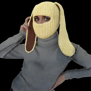 Gorro de punto de algodón cálido unisex hecho a mano con bordado, diseño de conejo de orejas grandes, estampado digital de cara linda con bloques de color, informal - Product Image 3