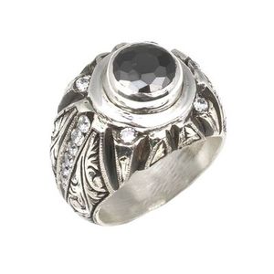<b>925</b> Sterling <b>Silver</b> Men's <b>Ring</b> Turquoise Onyx Zircon Stones Hand-Engraved Bezel Setting Rhodium for Everyday Wear Certified IGI - Product Image 1