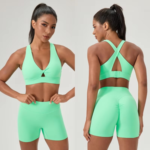 Conjunto de Yoga informal de 2 piezas para mujer, cintura alta, ajustado, tejido elástico, pantalones cortos para correr, sujetador, Tops, traje de gimnasio, ropa de entrenamiento de verano - Product Image 1