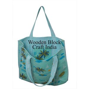 Sac fourre-tout en coton imprimé à la main pour femmes, sac fourre-tout écologique matelassé indien, accessoires de vacances - Product Image 3