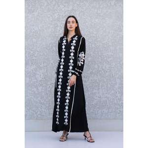 Beautiful <b>Black</b> Chic Embroidered 100% Cotton Kaftan V- Neck <b>Full</b> <b>Length</b> Boho Kaftan Type Maxi <b>Dress</b> - Product Image 1