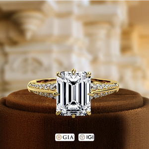 Anillo de compromiso con diamante cultivado en laboratorio de 1 quilate con corte esmeralda y pavé de diamantes, anillo de diamantes pavé 3D, anillo de catedral de alto perfil, anillo de boda de oro de 14K - Product Image 2