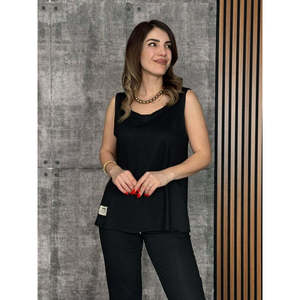 Ensemble deux pièces pour femme, chemisier à bretelles et col rond en viscose à deux fils et pantalon de survêtement, 26613 - Noir - Product Image 2