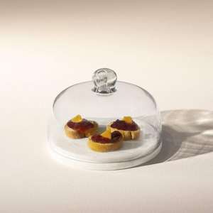 Cloche de présentation artisanale écologique en bois et marbre, base élégante en pierre blanche, dôme transparent soufflé à la main pour gâteaux et pâtisseries - Product Image 1