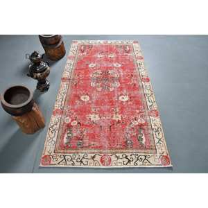 Tapis en laine beige rouge traditionnel 3.6x6.7 pieds Vintage turc grande surface Patchwork motif pour salon couloir décor pour adolescents - Product Image 1