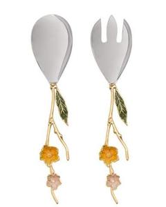 Antique inspired brass salad server utensils with <b>engraved</b> floral detailing perfect for Indian festive celebrations - Product Image 2