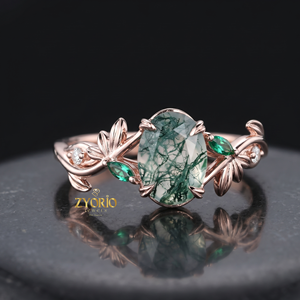 Anillo de Compromiso Ovalado de Ágata Musgosa, Oro de 18K, Anillo de Lujo con Hojas Florales de Ágata Musgosa, Joyería Nupcial Inspirada en la Naturaleza con Acentos de Diamantes - Product Image 3