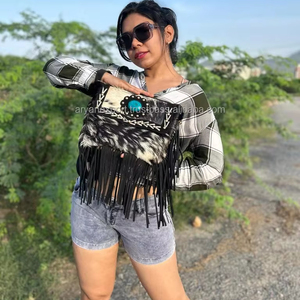 Sac à main en cuir de vachette avec franges en fourrure, style western, pierres précieuses, franges, sac à bandoulière multi-usages - Product Image 3