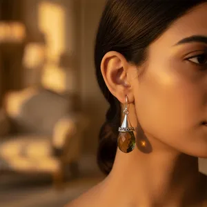 Boucles d'oreilles pendantes en argent 925 avec quartz vert olive pour femmes, plaquées or avec diamant et perle, bijoux de mariage chrétiens - Product Image 1