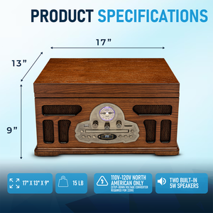 เครื่องเล่นแผ่นเสียงออลอินวัน SoundBeast แบบ 3 สปีด พร้อมบลูทูธ, ซีดี, เทปคาสเซ็ต, วิทยุ AM/FM, ช่องเสียบ USB, ลำโพงในตัว - Product Image 6