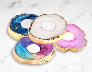 Wholesale Agate Slab <b>Candle</b> Holder Multi Color Dyed Gold Plated Agate Coasters Crystal <b>Candle</b> Holder for Home Decoration - Product Image 6
