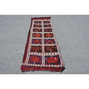 2.7x8 ft Turkish Vintage Rug, <b>Runner</b> Rug, <b>Red</b> Blue Bordered Wool Rug - Product Image 1