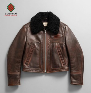 Blouson aviateur en cuir de vachette brun vieilli pour homme, col mandarin, fermeture éclair décontractée d'hiver, service OEM - Product Image 1