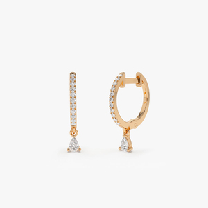 14k <b>Gold</b> 0.29 Ctw Natural Diamond <b>Huggie</b> Hoop Earrings with a Dangling Classic Pear Cut Natural Diamond Charm Drop Hoop Earrings - Product Image 1