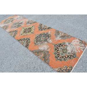 Tapis Vintage Turc Classique Orange Vert Kilim 3.3 X 11.6ft Patchwork Weave Laine Matériel Latex pour Entrée Couloir Rectangle - Product Image 4