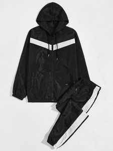 Ensemble de survêtement noir à capuche pour homme, veste coupe-vent sportive bicolore et pantalon de jogging, 2 pièces, tenue décontractée pour l'automne - Product Image 1