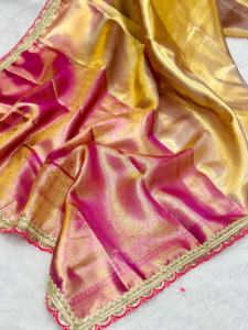 Vêtements occasionnels à feuilles persistantes Top qualité doux doré Banarsi Handloom tissu soie Saree Blouse avec séquence travail fournisseur indien - Product Image 3