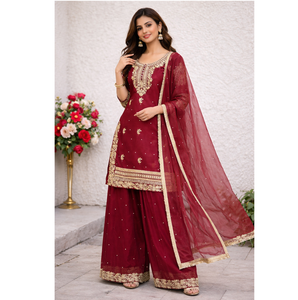 Nouvel ensemble de palazzo et de dupatta en soie de designer pour femmes, prêt à porter pour les mariages et les fêtes, costume de palazzo prêt à porter pour la vente à l'exportation - Product Image 1